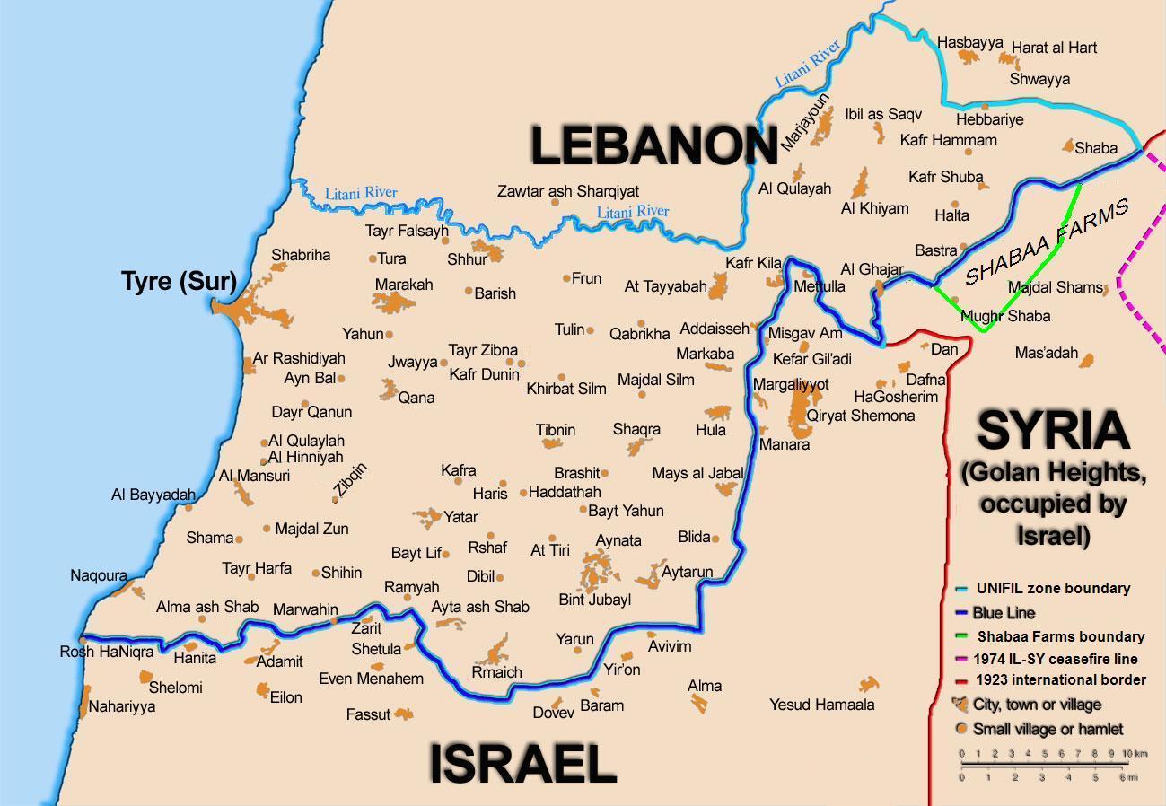 Mappa che mostra la Linea Blu di demarcazione tra Libano e Israele, stabilita dall'ONU dopo il ritiro israeliano dal Libano meridionale in seguito alla breve invasione del 1978 chiamata Operazione Litani. Mappa realizzata da Thomas Blomberg, CC BY-SA 2.5